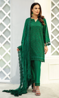 Shirt Front: Embroidered Lawn Shirt Back: Embroidered Lawn Sleeves: Embroidered Lawn Dupatta: Borer Embroidered Chiffon Sleeve Lace : Embroidered Lawn Front & Back Lace : Embroidered Organza Trouser: Dyed Cambric