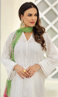 Shirt Front: Embroidered Lawn shirt back : dyed plain lawn Sleeves: Embroidered Lawn Dupatta: printed chiffon Sleeves lace: Embroidered Organza front &back lace: Embroidered Organza Trouser: Dyed Cambric