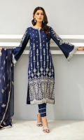 Shirt Front: Embroidered Lawn shirt back : Embroidered Lawn Sleeves: Embroidered Lawn Dupatta: Embroidered net Sleeves lace: Embroidered Organza neck lace: Embroidered Organza Trouser: Dyed Cambric