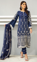 Shirt Front: Embroidered Lawn shirt back : Embroidered Lawn Sleeves: Embroidered Lawn Dupatta: Embroidered net Sleeves lace: Embroidered Organza neck lace: Embroidered Organza Trouser: Dyed Cambric