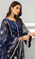 Shirt Front: Embroidered Lawn shirt back : Embroidered Lawn Sleeves: Embroidered Lawn Dupatta: Embroidered net Sleeves lace: Embroidered Organza neck lace: Embroidered Organza Trouser: Dyed Cambric