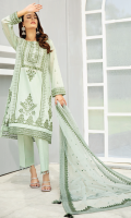 Shirt Front: Embroidered Lawn shirt back : Embroidered Lawn Sleeves: Embroidered Lawn Dupatta: Embroidered net Sleeves lace: Embroidered Organza front and back lace: Embroidered Organza Trouser: Dyed Cambric