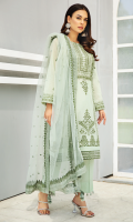 Shirt Front: Embroidered Lawn shirt back : Embroidered Lawn Sleeves: Embroidered Lawn Dupatta: Embroidered net Sleeves lace: Embroidered Organza front and back lace: Embroidered Organza Trouser: Dyed Cambric