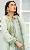 Shirt Front: Embroidered Lawn shirt back : Embroidered Lawn Sleeves: Embroidered Lawn Dupatta: Embroidered net Sleeves lace: Embroidered Organza front and back lace: Embroidered Organza Trouser: Dyed Cambric