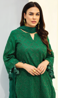 Shirt Front: Embroidered Lawn Shirt Back: Embroidered Lawn Sleeves: Embroidered Lawn Dupatta: Borer Embroidered Chiffon Sleeve Lace : Embroidered Lawn Front & Back Lace : Embroidered Organza Trouser: Dyed Cambric