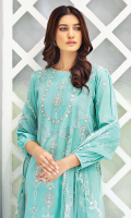Shirt Front: Embroidered Lawn shirt back : Embroidered Lawn Sleeves: Embroidered Lawn Dupatta: Embroidered net Trouser: Dyed Cambric