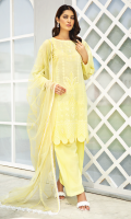 Shirt Front: Embroidered Lawn shirt back : Embroidered Lawn Sleeves: Embroidered Lawn Dupatta: Embroidered net front and back lace: Embroidered lawn Trouser: Dyed Cambric
