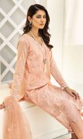 Shirt Front: Embroidered Lawn shirt back : Embroidered Lawn Sleeves: Embroidered Lawn Dupatta: Embroidered net Sleeves lace: Embroidered Organza Trouser: Dyed Cambric