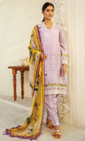 Shirt Front: Embroidered Lawn shirt back : Embroidered Lawn Sleeves: Embroidered Lawn Dupatta: printed organza Sleeves lace: Embroidered Organza front and back lace: Embroidered lawn Trouser: Dyed Cambric