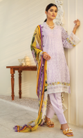 Shirt Front: Embroidered Lawn shirt back : Embroidered Lawn Sleeves: Embroidered Lawn Dupatta: printed organza Sleeves lace: Embroidered Organza front and back lace: Embroidered lawn Trouser: Dyed Cambric