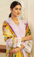 Shirt Front: Embroidered Lawn shirt back : Embroidered Lawn Sleeves: Embroidered Lawn Dupatta: printed organza Sleeves lace: Embroidered Organza front and back lace: Embroidered lawn Trouser: Dyed Cambric