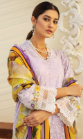 Shirt Front: Embroidered Lawn shirt back : Embroidered Lawn Sleeves: Embroidered Lawn Dupatta: printed organza Sleeves lace: Embroidered Organza front and back lace: Embroidered lawn Trouser: Dyed Cambric