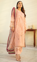 Shirt Front : Embroidered Jacquard Lawn Shirt Back : Dyed Jacquard Lawn Sleeves : Embroidered Jacquard Lawn Dupatta : Embroidered Net Sleeve Lace : Border embroidered organza Front and Back Lace : Border embroidered organza Chalk lace : Border embroidered organza Trouser : Dyed cambric