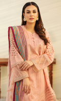 Shirt Front : Embroidered Jacquard Lawn Shirt Back : Dyed Jacquard Lawn Sleeves : Embroidered Jacquard Lawn Dupatta : Embroidered Net Sleeve Lace : Border embroidered organza Front and Back Lace : Border embroidered organza Chalk lace : Border embroidered organza Trouser : Dyed cambric