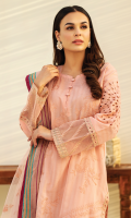 Shirt Front : Embroidered Jacquard Lawn Shirt Back : Dyed Jacquard Lawn Sleeves : Embroidered Jacquard Lawn Dupatta : Embroidered Net Sleeve Lace : Border embroidered organza Front and Back Lace : Border embroidered organza Chalk lace : Border embroidered organza Trouser : Dyed cambric