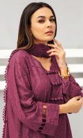 Shirt Front: Borer Embroidered Lawn Shirt Back: Borer Embroidered Lawn Sleeves: Borer Embroidered Lawn Dupatta: Borer Embroidered Chiffon Sleeve Lace : Embroidered Lawn Front & Back Lace: Embroidered Organza Trouser: Dyed Cambric