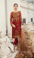 Shirt Front: Sequins Embroidered Chiffon with Ada Work  Shirt Back: Embroidered Chiffon  Sleeves: Sequins Embroidered Chiffon  Dupatta: Sequins Embroidered Net Sleeves Lace: Sequins Embroidered Organza  Daman Lace: Sequins Embr...