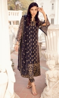 Shirt Front: Sequins Embroidered Chiffon with Ada Work Shirt Back: Dyed Chiffon Sleeves: Sequins Embroidered Chiffon Dupatta: Jammawar Dyed Shawl Sleeves Lace: Sequins Embroidered Silk Front & Back Lace: Sequins Embroidered Si...