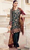 Shirt Front: Sequins Embroidered Chiffon with Ada Work Shirt Back: Dyed Chiffon Sleeves: Sequins Embroidered Chiffon Dupatta: Jammawar Dyed Shawl Sleeves Lace: Sequins Embroidered Silk Front & Back Lace: Sequins Embroidered Si...