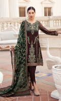 Shirt Front: Embroidered Chiffon Shirt Back: Dyed Chiffon Sleeves: Embroidered Chiffon Dupatta: Embroidered Chiffon Dupatta Pallu: Embroidered Chiffon Sleeves Lace: Embroidered Silk Front & Back Lace: Embroidered Silk