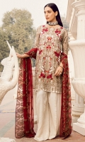 Shirt Front: Embroidered Chiffon  Shirt Back: Dyed Chiffon Sleeves: Embroidered Chiffon Dupatta: Embroidered Chiffon Sleeves Lace: Embroidered Organza Trouser: Dyed Raw Silk