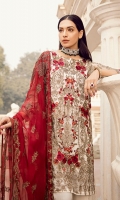 Shirt Front: Embroidered Chiffon  Shirt Back: Dyed Chiffon Sleeves: Embroidered Chiffon Dupatta: Embroidered Chiffon Sleeves Lace: Embroidered Organza Trouser: Dyed Raw Silk