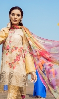 Shirt: Digital Printed Daman Lace: Organza Embroidered Neckline: Organza Embroidered Sleeves Patch: Organza Embroidered Dupatta: Printed Chiffon Trouser: Printed Cambric Trouser Patch: Organza Embroidered