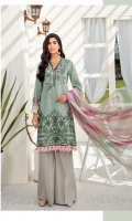 Shirt Front: Digital Printed Embroidered Lawn Shirt Back & Sleeves: Digital Printed Lawn Dupatta: Digital Printed Chiffon Trouser: Dyed Cambric Daman Patch: Embroidered Organza Neck Lace: Embroidered Organza