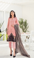 Shirt Front: Embroidered Lawn Shirt Back: Dyed Lawn Sleeves: Embroidered Lawn Dupatta: Embroidered Cotton Net Trouser: Dyed Cambric Sleeve Lace: Embroidered Organza Daman Lace: Embroidered Lawn