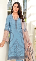 Shirt Front: Embroidered Lawn Shirt Back: Dyed Lawn Sleeves: Embroidered Lawn Dupatta: Embroidered Chiffon Trouser: Dyed Cambric Neck Lace: Embroidered Organza Sleeve Lace: Embroidered Organza Daman Lace: Embroidered Organza