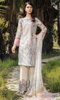 Shirt Front: Digital Printed Embroidered Lawn  Shirt Back & Sleeves: Digital Printed Lawn Dupatta: Digital Printed Chiffon  Trouser: Dyed Cambric  Trouser Lace: Organza Embroidered