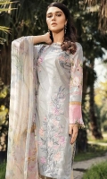 Shirt Front: Digital Printed Embroidered Lawn  Shirt Back & Sleeves: Digital Printed Lawn Dupatta: Digital Printed Chiffon  Trouser: Dyed Cambric  Trouser Lace: Organza Embroidered