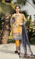Shirt Front: Digital Printed Embroidered Lawn Shirt Back & Sleeves: Digital Printed Lawn  Dupatta: Digital Printed Chiffon  Daman Lace: Organza Embroidered Trouser: Dyed Cambric  Trouser Lace: Organza Embroi...
