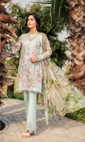 Shirt Front: Digital Printed Embroidered Lawn Shirt Back & Sleeves: Digital Printed Lawn Dupatta: Digital Printed Chiffon  Neck Lace: Organza Embroidered Trouser: Dyed Cambric  Trouser Lace: Organza Embroidered