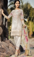 Shirt Front: Digital Printed Embroidered Lawn Shirt Back & Sleeves: Digital Printed Lawn  Dupatta: Digital Printed Chiffon  Daman Lace: Organza Embroidered Trouser: Dyed Cambric  Trouser Lace: Organza Em...