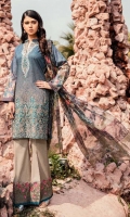 Shirt Front: Digital Printed Lawn Shirt Back & Sleeves: Digital Printed Lawn  Dupatta: Digital Printed Chiffon  Neckline: Organza Embroidered Daman Lace: Organza Embroidered Trouser: Dyed Cambric  Trou...