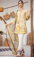 Shirt Front: Digital Printed Embroidered Lawn Shirt Back & Sleeves: Digital Printed Lawn Dupatta: Digital Printed Chiffon Neck Lace: Organza Embroidered Trouser: Dyed Cambric  Trouser Lace: Organza Embro...