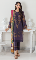 Shirt Front & Back : Printed Lawn Sleeves: borer Embroidered printed lawn Dupatta: Printed Cotton Net Neckline: Embroidered Organza Daman Lace: Embroidered Organza Sleeve Lace: Embroidered Organza Trouser: Dyed Cambric
