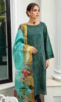 Shirt Front: Borer Embroidered Printed Lawn Shirt Back and sleeves : Printed Lawn Dupatta: Printed Organza Trouser: Dyed Cambric    Trouser Lace: Borer Embroidered Organza
