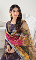 Shirt Front & Back : Printed Lawn Sleeves: borer Embroidered printed lawn Dupatta: Printed Cotton Net Neckline: Embroidered Organza Daman Lace: Embroidered Organza Sleeve Lace: Embroidered Organza Trouser: Dyed Cambric