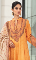 Shirt Front, Back & Sleeves: Dyed Jacquard Lawn Neck Line: Embroidered Organza Sleeve patches : Embroidered Organza Dupatta: Embroidered Khaadi Net Dupatta Lace: Embroidered Organza (four sided) Trouser: Dyed Cambric