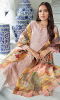Shirt Front: Borer Embroidered Printed Lawn Shirt Back & Sleeves: Printed Lawn Daman Lace: Borer Embroidered Organza Dupatta: Printed Organza Trouser: Dyed Cambric