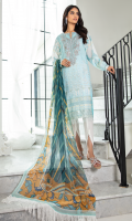 Shirt Front: Borer Embroidered Printed Lawn Shirt Back & Sleeves: Printed Lawn Neckline: Embroidered Organza Daman Lace: Embroidered Organza Dupatta: Printed Chiffon Trouser: Dyed Cambric