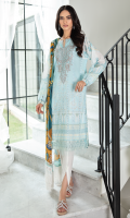 Shirt Front: Borer Embroidered Printed Lawn Shirt Back & Sleeves: Printed Lawn Neckline: Embroidered Organza Daman Lace: Embroidered Organza Dupatta: Printed Chiffon Trouser: Dyed Cambric
