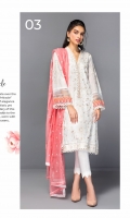 Shirt Front: Embroidered Lawn with Laces Shirt Back: Dyed Lawn Sleeves: Embroidered Lawn Dupatta: Embroidered Cotton Net Trouser: Dyed Cambric Sleeve Lace: Embroidered Organza