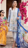 Shirt Front: Lawn Embroidered Shirt Back & Sleeves: Lawn Printed Neck Lace: Organza Embroidered Dupatta: Printed Chilton Trouser: Printed Cambric Trouser Patch: Organza Embroidered 