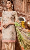 Shirt Front: Lawn Embroidered Shirt Back & Sleeves: Lawn Printed Daman Patch: Organza Embroidered Dupatta: Printed Chiffon Trouser: Printed Cambric