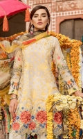 Shirt Front: Lawn Embroidered Shirt Back & Sleeves: Lawn Printed Daman Patch: Organza Embroidered Dupatta: Printed Chiffon Trouser: Dyed Cambric Trouser Patch: Organza Embroidered