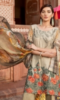 Shirt Front: Lawn Embroidered Shirt Back & Sleeves: Lawn Printed Daman Patch: Organza Embroidered Dupatta: Printed Chiffon Trouser: Dyed Cambric Trouser Patch: Organza Embroidered