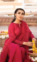 Shirt Front: Embroidered Lawn Shirt Back: Dyed Lawn Sleeves: Embroidered Lawn Dupatta: Embroidered Net Front & Back Lace: Embroidered Organza Front Neck Line: Embroidered Organza Back Neck Line: Embroidered Organza Sleeve Lace: Embroidered Organza Dupatta Pallu: Embroidered Organza Dupatta Lace: Embroidered Organza (4 Sides) Trouser: Dyed Cambric
